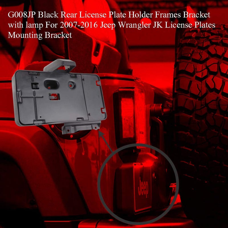 GOHAWKTEQ G008JP Black Rear License Plate Holder Frames Bracket with lamp for 2007-2016 Jeep Wrangler JK License Plates Mounting Bracket - Image 2